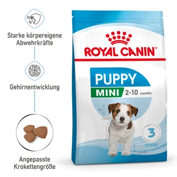 Royal Canin Puppy Mini Hundefutterbeutel für Welpen von 2-10 Monaten, der Immunität, Gehirnentwicklung und kleine Kibble-Größe hervorhebt.