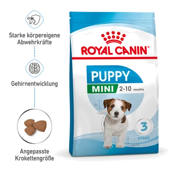 Royal Canin Puppy Mini Hundefutterbeutel für Welpen von 2-10 Monaten, der Immunität, Gehirnentwicklung und kleine Kibble-Größe hervorhebt.