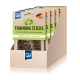 Trainingssticks für Hunde in einer Verkaufsbox, beschriftet mit "100% Lamm im Fleischanteil," mit "Hergestellt in Deutschland" und Nutri QM Branding.