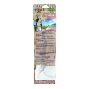 Verpackung für Hundekauartikel mit dem Aufdruck "Nature Label" und einem Bild eines Hundes, mit Produktdetails und Nährwertinformationen in mehreren Sprachen.