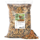 Ein 5 kg Sack Vogelfutter mit der Aufschrift "FUTTERTRAUM VITALMIX MIT INSEKTEN", mit einer bunten Mischung aus Samen und Insekten, mit einem kleinen Vogel davor.