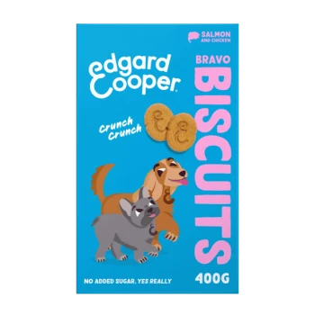 Emballage des biscuits Edgard Cooper Bravo avec un chien et un chat de dessin animé, avec le texte "Croustillant Croustillant" et "Pas de sucre ajouté, OUI VRAIMENT."