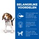 Beagle op witte achtergrond met blauwe zijbalk die voordelen opsomt: DHA voor hersengezondheid, gebalanceerde mineralen voor botten, hoogwaardige eiwitten voor spieren.