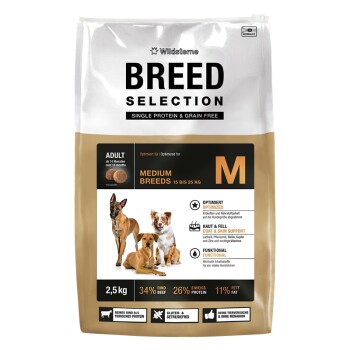‚BREED SELECTION‘ Hundefutterbeutel, Single Protein & getreidefrei, Medium Breeds M, 2,5 kg, 34% Rind, 26% Protein, 11% Fett.