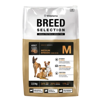 ‚BREED SELECTION‘ Hundefutterbeutel, Single Protein & getreidefrei, Medium Breeds M, 2,5 kg, 34% Rind, 26% Protein, 11% Fett.