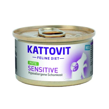Kattovit Feline Diet Sensitive Nassfutter für Katzen, 400g, mit einem lila und weißen Etikett mit einer Katzensilhouette und dem Text 'Hypoallergene Schonkost.'