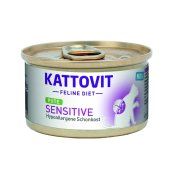 Nourriture pour chats en conserve Kattovit Feline Diet Sensitive, 400g, avec une étiquette violette et blanche présentant une silhouette de chat et le texte "Hypoallergene Schonkost."