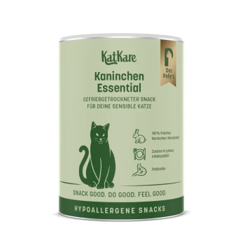 KatKare 'Kaninchen Essential' grüne Dose hypoallergener Kaninchen-Snacks für Katzen mit Katzenillustration