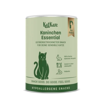 KatKare 'Kaninchen Essential' grüne Dose hypoallergener Kaninchen-Snacks für Katzen mit Katzenillustration