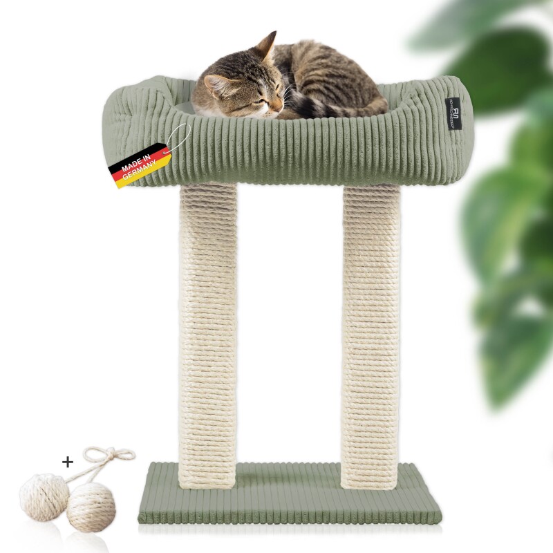 Rohrschneider ® moderner Kratzbaum, Kratzsäulen aus Vollholz, Katzenbett mit Wendekissen