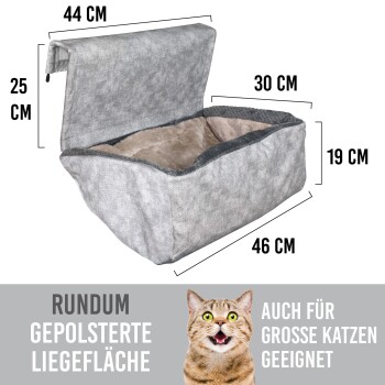Graues Haustierbett mit abnehmbarem Deckel, Abmessungen beschriftet: 44 cm x 25 cm x 30 cm, mit einem plüschigen Innenraum, geeignet für große Katzen.