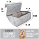 Graues Haustierbett mit abnehmbarem Deckel, Abmessungen beschriftet: 44 cm x 25 cm x 30 cm, mit einem plüschigen Innenraum, geeignet für große Katzen.