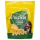 Gelb-grüne Tüte Vutter! vegane Hundesnacks mit Bananen- und Kokosgeschmack, mit einem Hund, der sich die Lippen leckt, und 110g Gewicht.