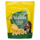 Gelb-grüne Tüte Vutter! vegane Hundesnacks mit Bananen- und Kokosgeschmack, mit einem Hund, der sich die Lippen leckt, und 110g Gewicht.