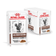 Royal Canin Veterinary Gastrointestinal Katzenfutterbeutel, mit moderaten Kalorien in dünnen Scheiben in Soße, mit einem Katzenbild auf der Vorderseite.