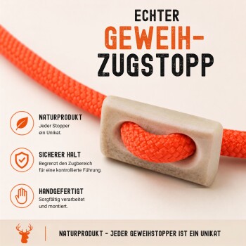 Oranges Seil mit beigefarbenem Geweih-Kordelstopper; Text 'ECHTER GEWEIH-ZUGSTOPP' und Etikett 'NATURPRODUKT' sichtbar.