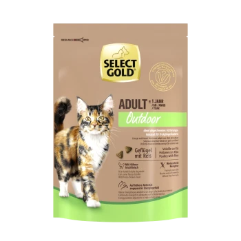 Emballage de nourriture pour chat Select Gold Adult Outdoor présentant un chat calico. Le texte met en avant "Geflügel mit Reis" (volaille avec riz) et les bienfaits nutritionnels.