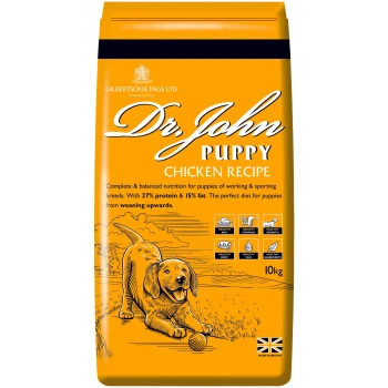 Welpen Trockenfutter Reich an Huhn 2 kg Tüte mit Hundefutter Dr. John Puppy Chicken Recipe, mit einer verspielten Hundillustration, 10 kg Größe, mit 27% Protein und 15% Fett.