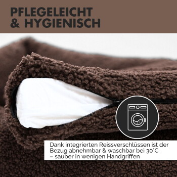 Braunes Haustierbett mit abnehmbarem Bezug, mit einem Reißverschluss zur einfachen Reinigung; der Text hebt seine waschbaren und hygienischen Eigenschaften hervor.