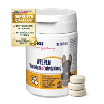 Behälter mit GIGI-Wachstums- und Entwicklungstabletten für Welpen, 30 Stück, mit einem Bild eines Deutschen Schäferhundes und Text, der die Vorteile hervorhebt.