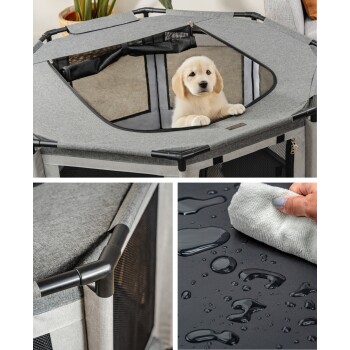 Ein grauer Haustierspielzaun mit einem Netzoberteil, in dem ein Welpe sitzt. Nahaufnahmen zeigen die wasserdichte Oberfläche und eine Hand, die es reinigt.