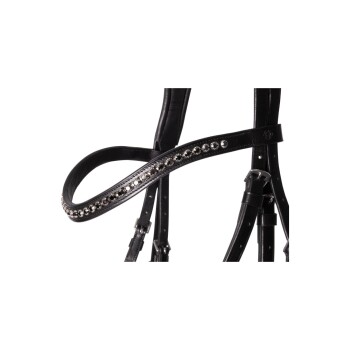 Schwarzes Leder-Haustiergeschirr, verziert mit funkelnden Strasssteinen entlang des Riemens, das ein stilvolles Design für Haustiere zeigt.