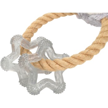A durable pet toy featuring a twisted rope handle and a clear, textured rubber attachment shaped like a star with rounded ends.
