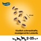 Hundeleckerlis auf einem hellgelben Hintergrund angeordnet, beschriftet mit "Köstlich schmackhafte Leckerlis," Größe 1,4 cm, für Hunde von 2-25 kg.