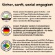 Anzeige für ein Tiergeschäft, die eine 60-tägige Zufriedenheitsgarantie, in Deutschland hergestellte Produkte und klimaneutrale Lieferung durch Menschen mit Behinderungen hervorhebt.