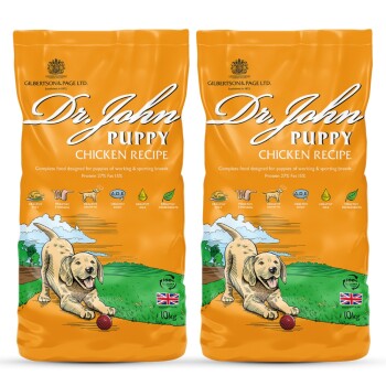 Zwei Beutel Dr. John Puppy Chicken Recipe Hundefutter, jeweils 10 kg, mit einem verspielten Welpen auf der Vorderseite und Nährwertangaben.