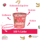 Pinkfarbener Behälter mit Hunde-Eiscreme mit der Aufschrift "ICE ICE buddy" und Zutaten Erdbeere, Kokosmilchpulver, Quinoa und Kokos.