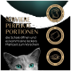 Eine graue Katze mit blauen Augen neben dem Text "Serviere perfekte Portionen" und Symbolen für "Öffnen," "Herausdrücken," und "Servieren."
