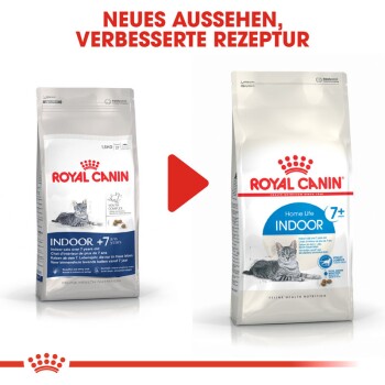 Zwei Royal Canin Katzenfutterbeutel: links das alte Design "Indoor +7 ans", rechts das neue Design "Home Life Indoor 7+".