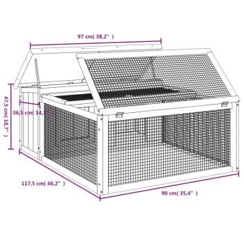 Illustration eines Haustiergeheges mit beschrifteten Abmessungen: 97 cm (38,2"), 117,5 cm (46,2"), 90 cm (35,4") und 47,5 cm (18,7").