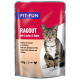 Cat food pouch featuring a tabby cat, labeled "FIT+FUN RAGOUT mit Lachs & Huhn," with translations in French, Spanish, and English.