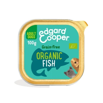 Nourriture pour chiens Edgard Cooper bio à base de poisson pour chiens adultes, 100g, emballage sans céréales avec des illustrations de poisson et de chiens.