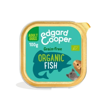 Nourriture pour chiens Edgard Cooper bio à base de poisson pour chiens adultes, 100g, emballage sans céréales avec des illustrations de poisson et de chiens.