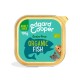 Nourriture pour chiens Edgard Cooper bio à base de poisson pour chiens adultes, 100g, emballage sans céréales avec des illustrations de poisson et de chiens.