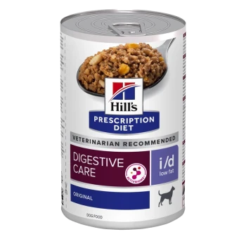 Blik hondenvoer van Hill's Prescription Diet, gelabeld 'Digestive Care', met een vetarm recept, met een aanbeveling van een dierenarts.