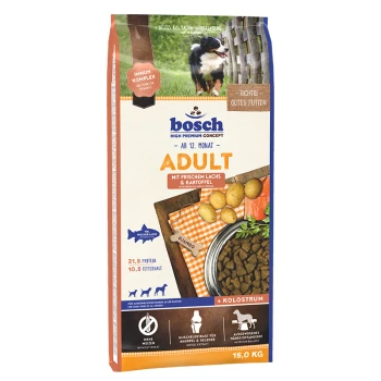 Bosch Hundefutterbeutel für Erwachsene mit frischem Lachs und Kartoffeln, mit Nährwertangaben: 21,5 % Protein, 10,5 % Fett, 15,0 kg.