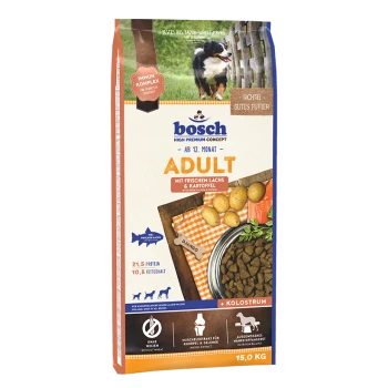 Bosch Hundefutterbeutel für Erwachsene mit frischem Lachs und Kartoffeln, mit Nährwertangaben: 21,5 % Protein, 10,5 % Fett, 15,0 kg.