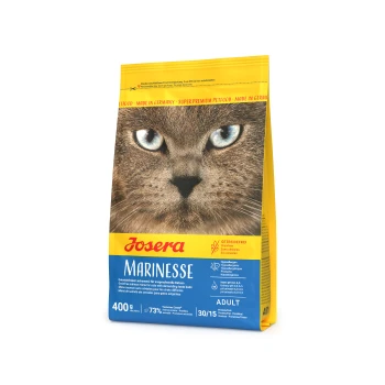 Katze-Futterverpackung mit einer Nahaufnahme des Gesichts einer Katze, beschriftet mit "Josera Marinese," getreidefrei, 400g, mit Nährwertangaben und hypoallergenen Ansprüchen.