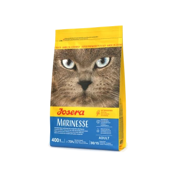 Katze-Futterverpackung mit einer Nahaufnahme des Gesichts einer Katze, beschriftet mit "Josera Marinese," getreidefrei, 400g, mit Nährwertangaben und hypoallergenen Ansprüchen.