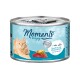 Katze Futterdose mit einem hellblauen Etikett, das eine flauschige orangefarbene Katze zeigt, beschriftet mit "Momente zum Genießen" und "Thunfisch mit Miesmuscheln".