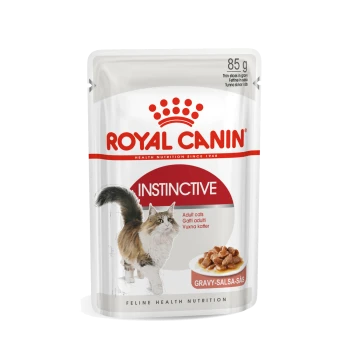 Royal Canin Instinctive adult cat wet food pouch 85g, cat image and bowl of gravy; visible text ROYAL CANIN and INSTINCTIVE.