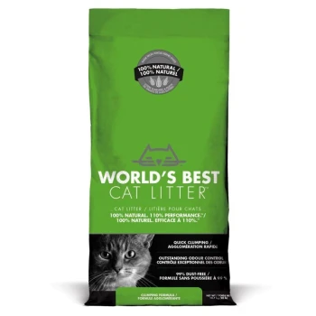 Grüne Tüte mit "World's Best Cat Litter", die eine Katzen-Grafik zeigt, mit Ansprüchen auf 100% natürliche Zutaten, schnelles Klumpen und 99% staubfrei.