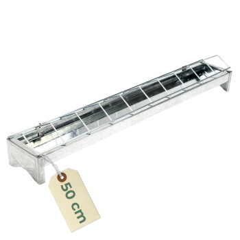 Verzinkter Metalltrog mit Drahtaufsatz und Anhänger mit der Aufschrift '50 cm'