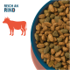 Blaue Schale mit braunem und grünem Trockenfutter, Kuhsilhouette und Text 'REICH AN RIND' auf rosa Hintergrund