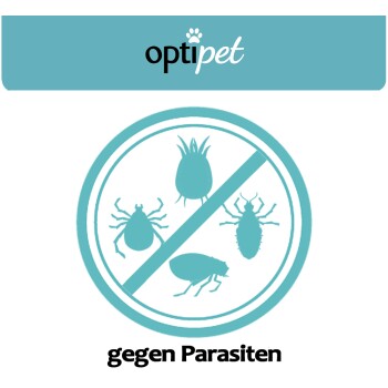 Logo von "optipet" mit einer kreisförmigen Grafik, die verschiedene Schädlinge (Zecken, Flöhe usw.) durchgestrichen zeigt, und dem Text "gegen Parasiten" darunter.
