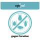 Logo von "optipet" mit einer kreisförmigen Grafik, die verschiedene Schädlinge (Zecken, Flöhe usw.) durchgestrichen zeigt, und dem Text "gegen Parasiten" darunter.